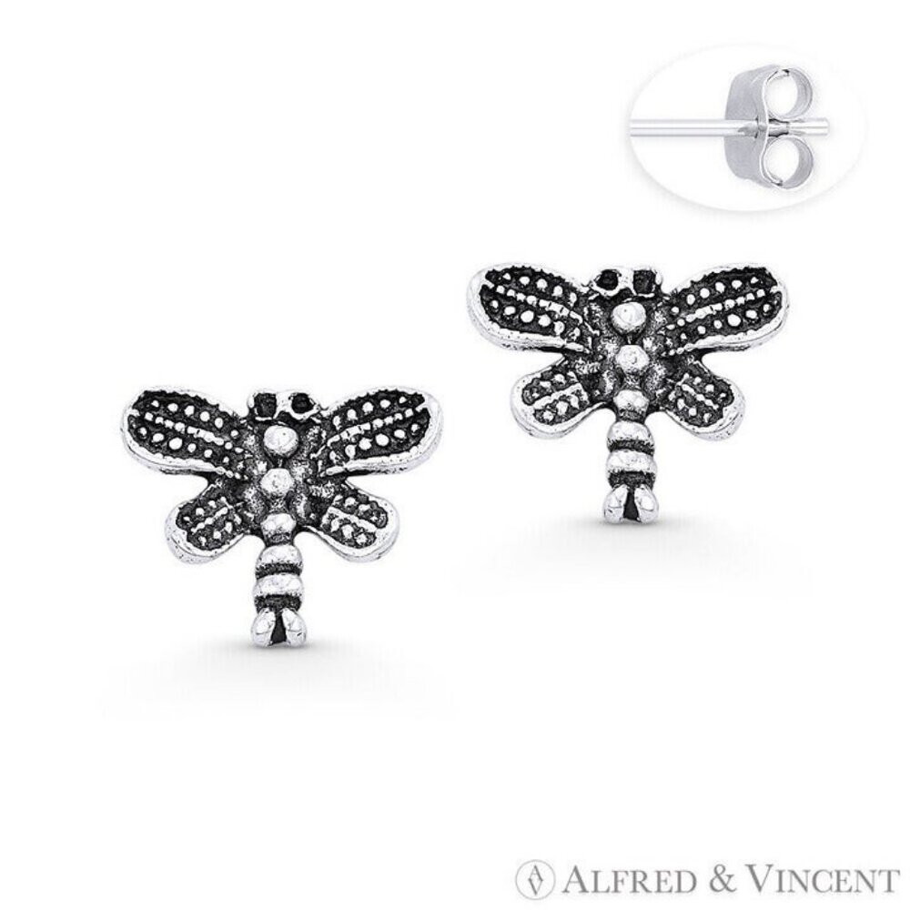 Dragonfly Animal Charm Stud Earrings in Oxidized .925 Sterling Silver